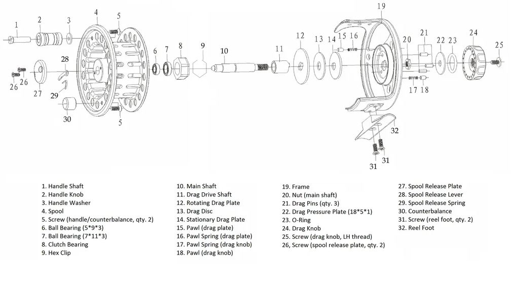 fly fishing reel parts diagram showing spool drag and handle