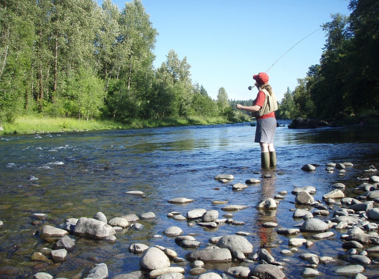 Angler fly fishing while standing in a clear river with trees in the background