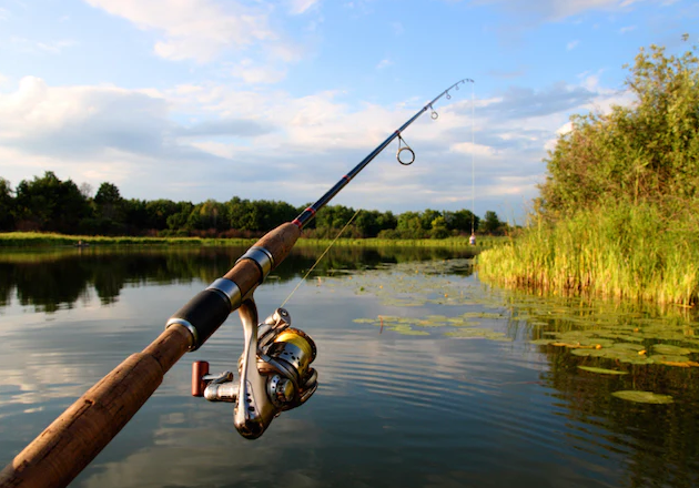 angler casting spinning reel while fishing on lake