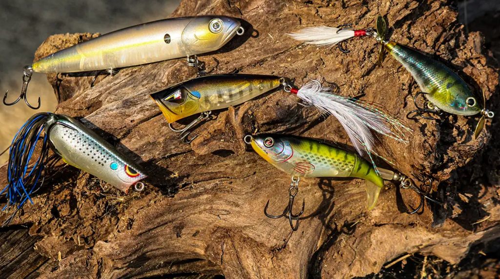 Array of bass fishing lures on a wooden surface for summer tactics