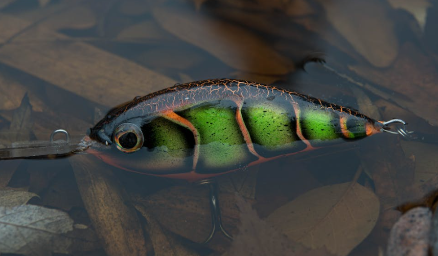 Fishing lure lying among autumn leaves near water
