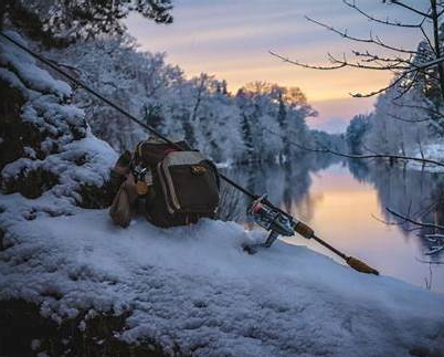 Fishing rod and gear set up on a snowy bank beside a cold water lake