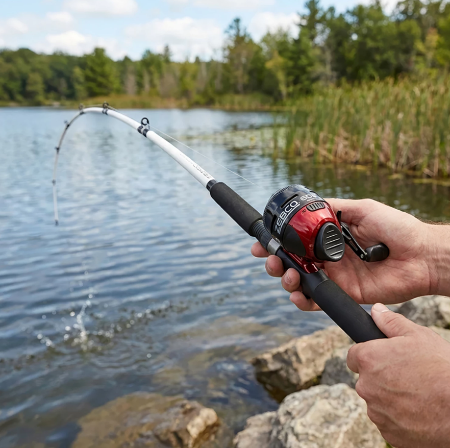 spincast reel fishing rod setup on wooden dock