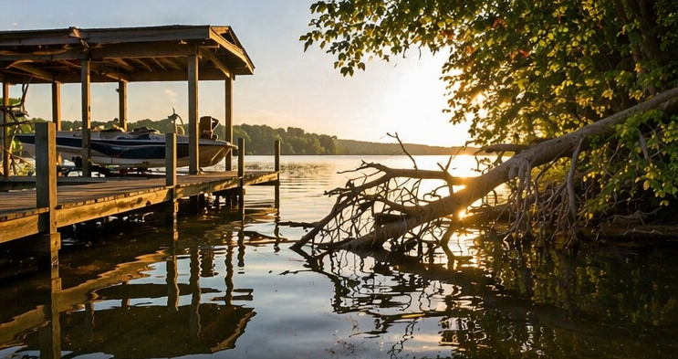 Dock and laydown cover creating a high-percentage bass fishing spot