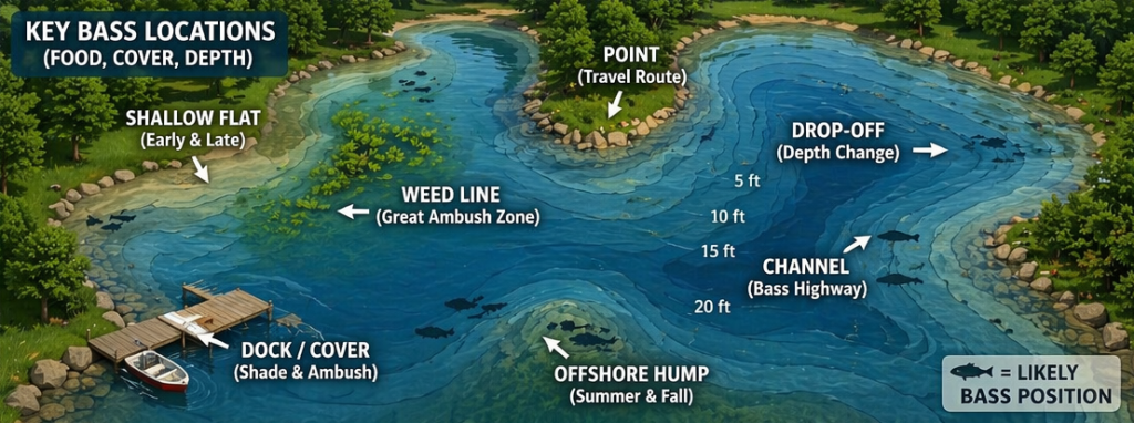 Lake bass fishing diagram showing point, weed edge, and depth break