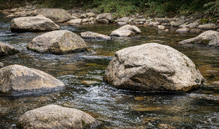 Boulders in a stream creating current breaks and fish holding water