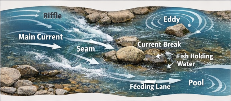 River fishing diagram showing seam, current break, eddy, riffle, and fish holding water